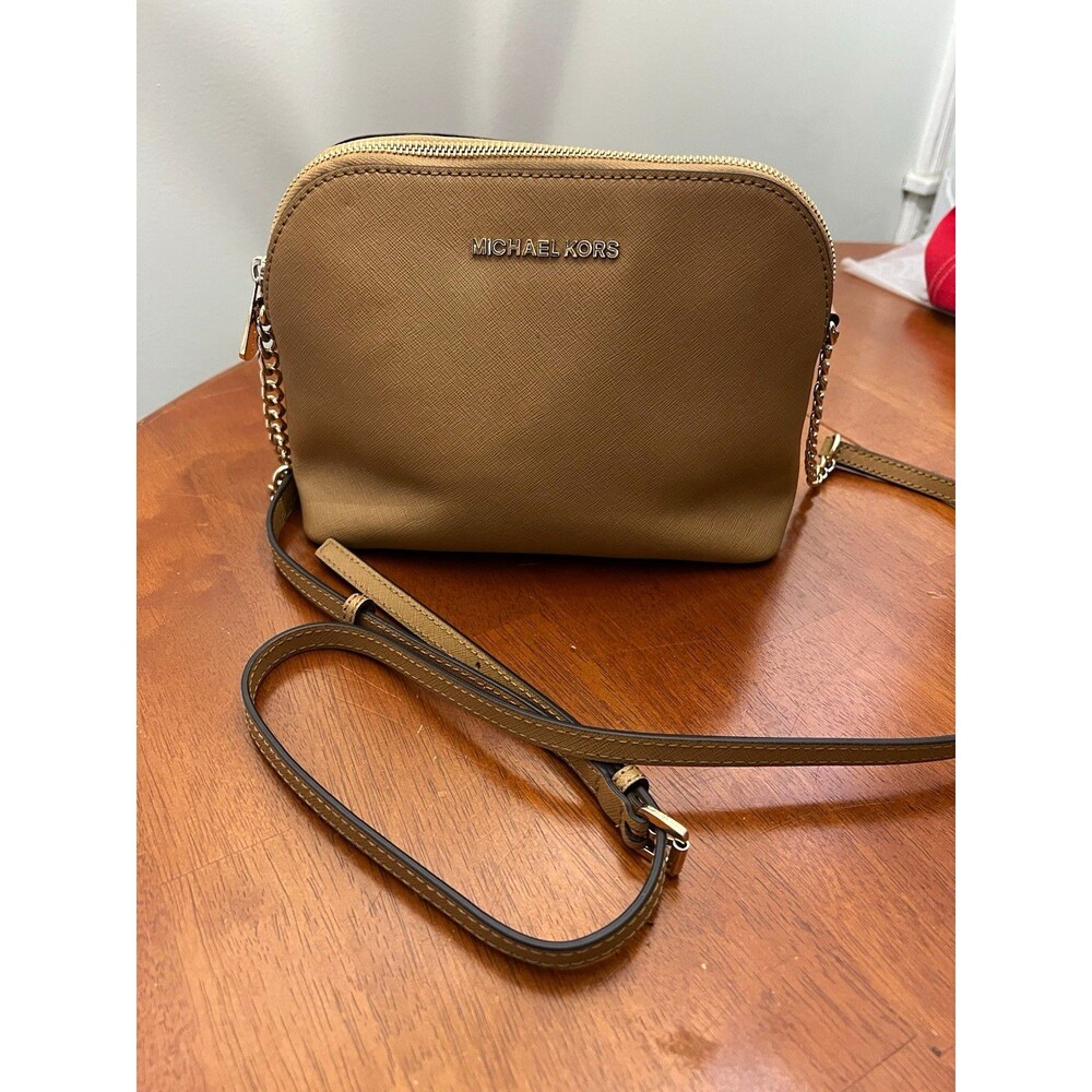 Michael Kors Cindy Large Saffiano Leather Dome Crossbody Bag Tan Camel